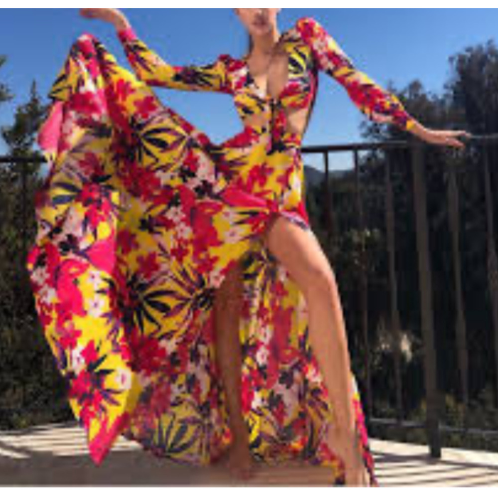 NADINE MERABI Size XS Camilla Pink Yellow Floral Flowy Front Slit Zip Maxi Skirt